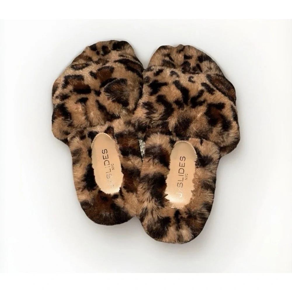 J/Slides NYC Womens Leopard Faux Fur Slide Sandals Brown Animal Print Size 9M